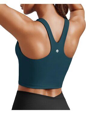 Women's Teal Sports Bra High Neck Racer Back Workout Longline Crop Tank Top